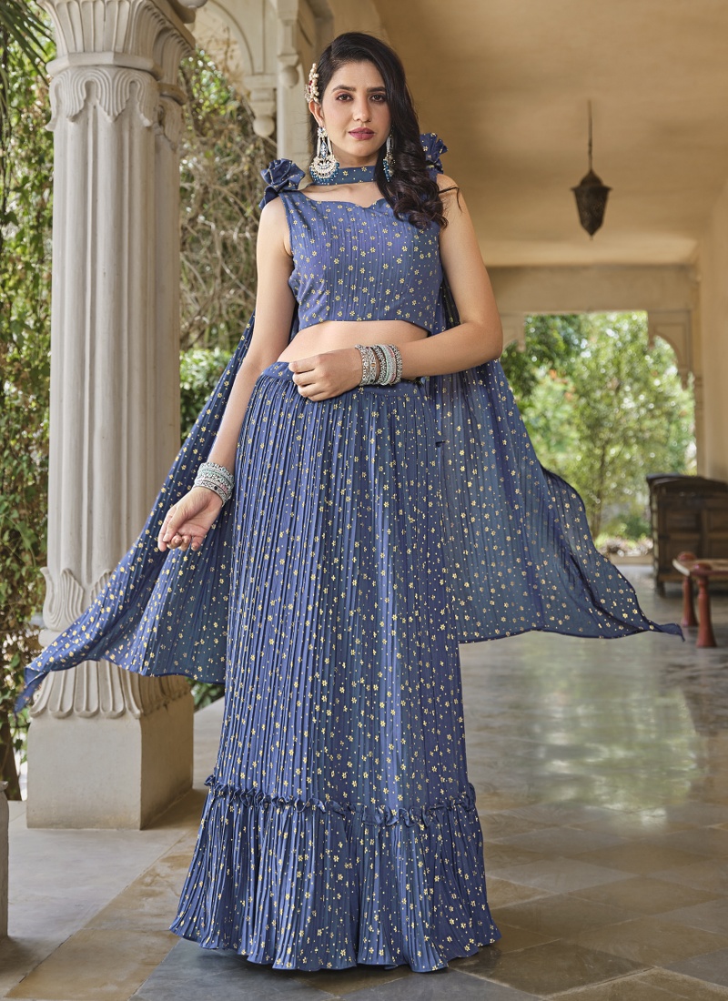 Blue Grey Georgette Metallic Foil Work Wedding Lehenga Choli