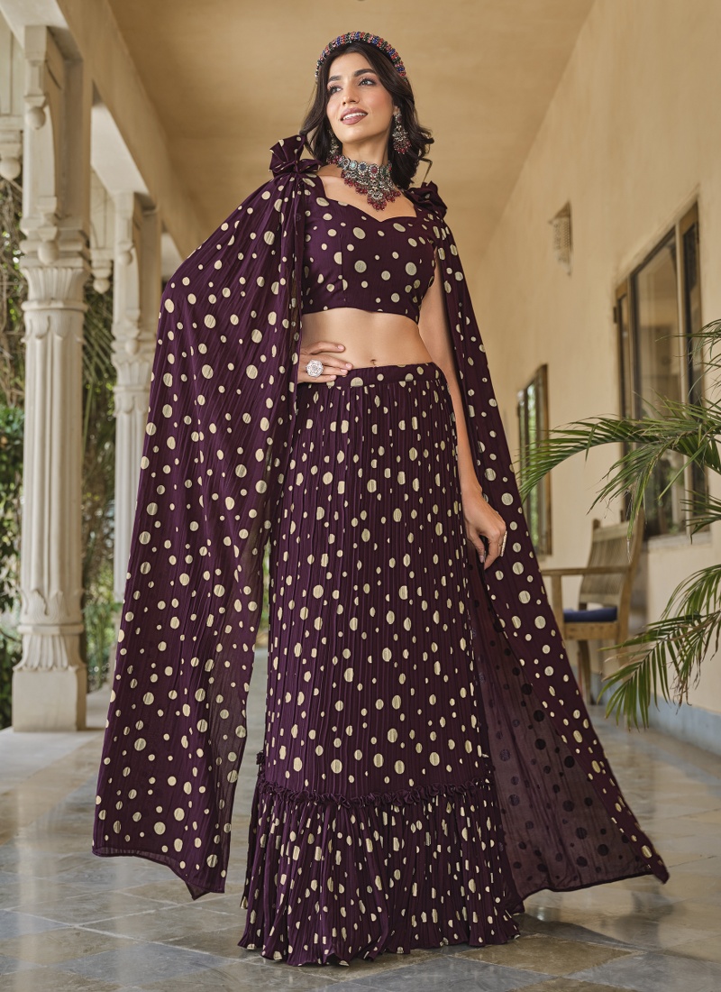 Purple Georgette Crush Pattern Wedding Lehenga Choli