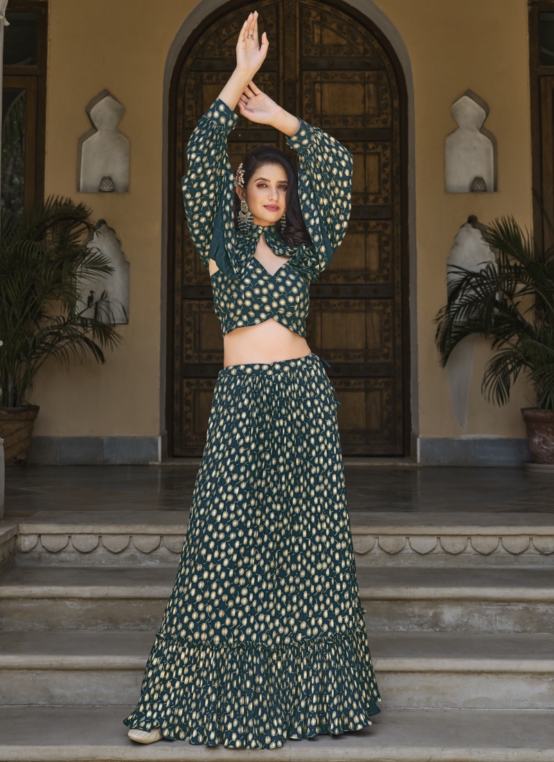 Green Georgette Foil Work Wedding Lehenga Choli