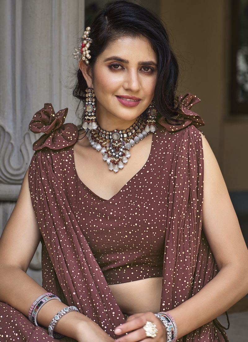 Brown Georgette Crush Pattern Wedding Lehenga Choli