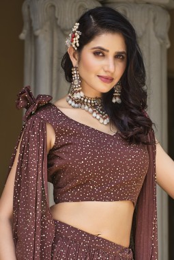 Brown Georgette Crush Pattern Wedding Lehenga Choli