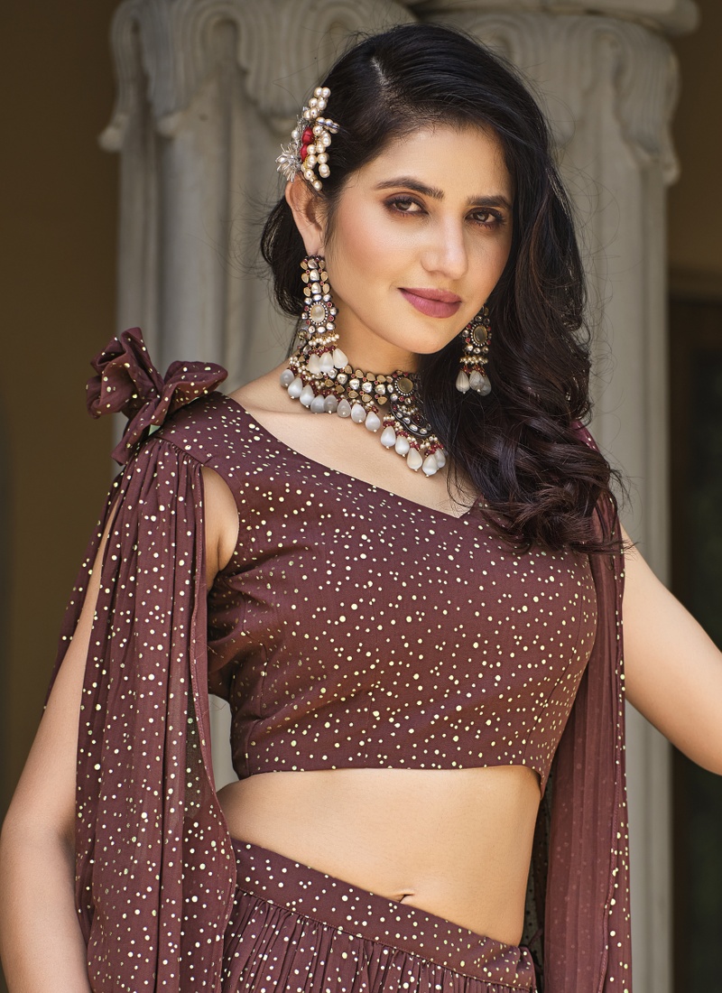 Brown Georgette Crush Pattern Wedding Lehenga Choli