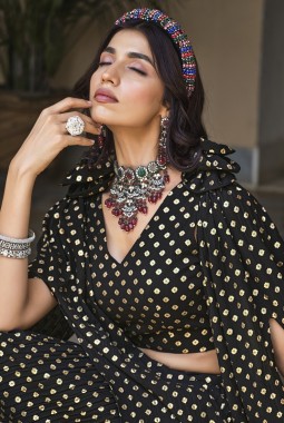 Black Georgette Metallic Foil Work Wedding Lehenga Choli