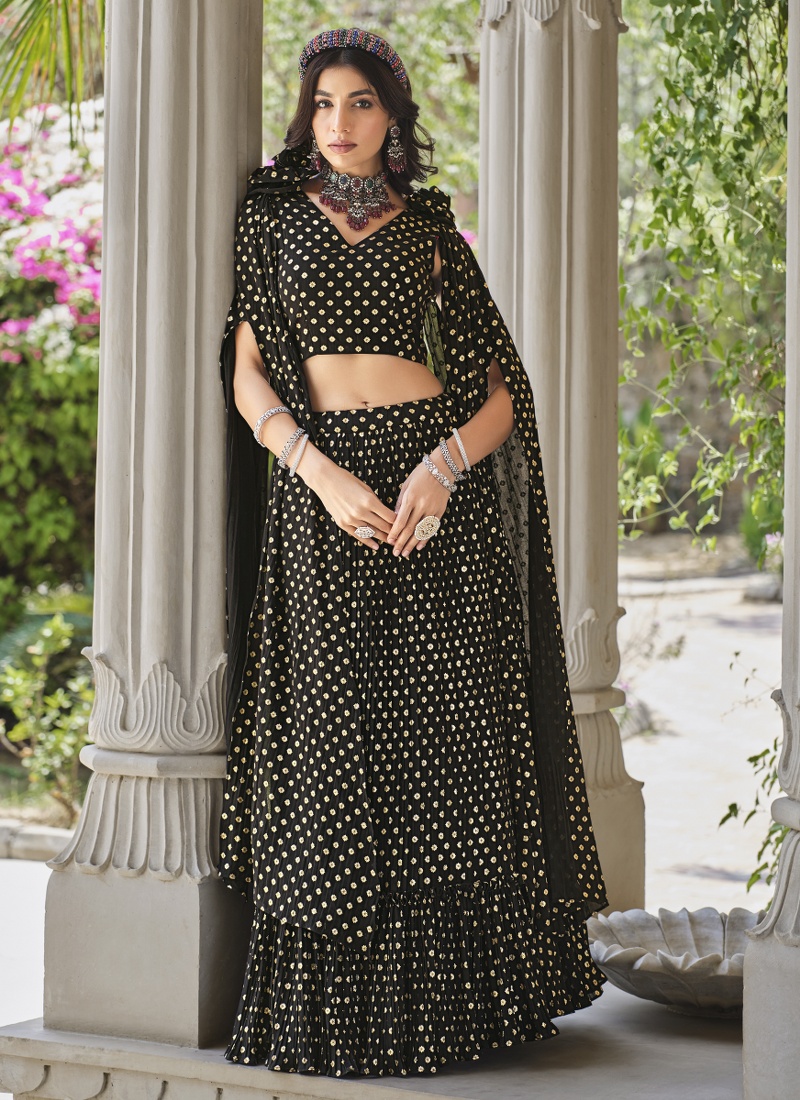 Black Georgette Metallic Foil Work Wedding Lehenga Choli