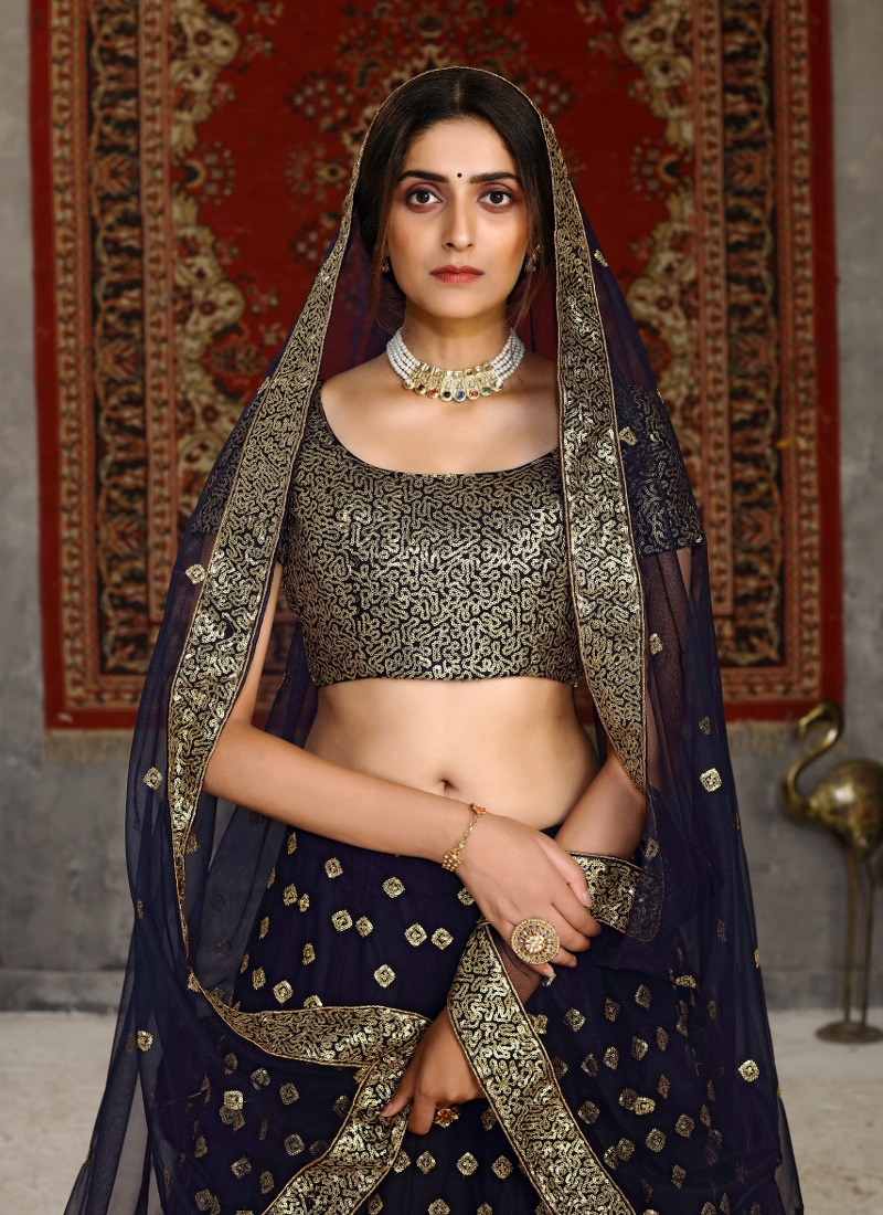 Navy Blue Net Sequins Embroidery Wedding Lehenga Choli Navy Blue Net Sequins Embroidery Wedding Lehenga Choli