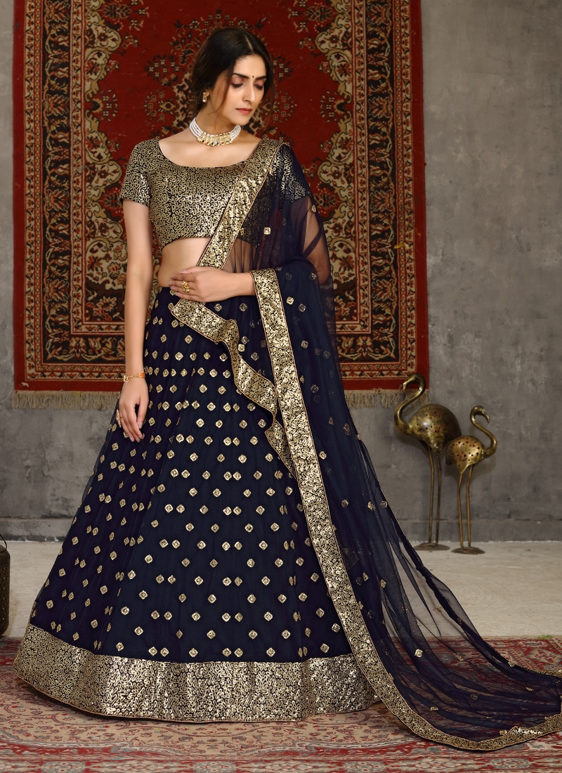 Navy Blue Net Sequins Embroidery Wedding Lehenga Choli Navy Blue Net Sequins Embroidery Wedding Lehenga Choli