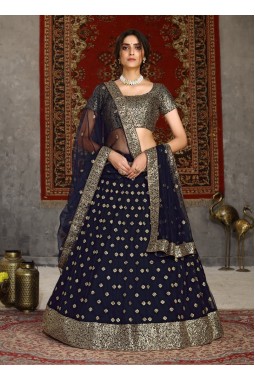 Navy Blue Net Sequins Embroidery Wedding Lehenga Choli