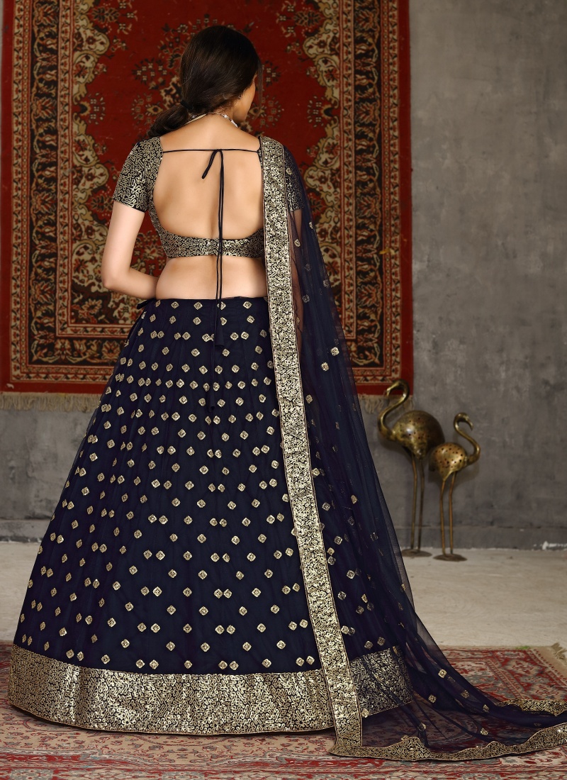 Navy Blue Net Sequins Embroidery Wedding Lehenga Choli Navy Blue Net Sequins Embroidery Wedding Lehenga Choli