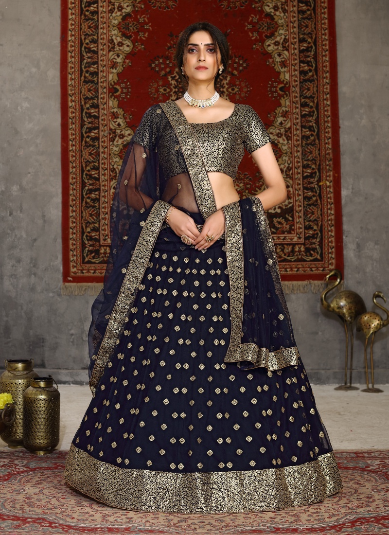 Navy Blue Net Sequins Embroidery Wedding Lehenga Choli Navy Blue Net Sequins Embroidery Wedding Lehenga Choli
