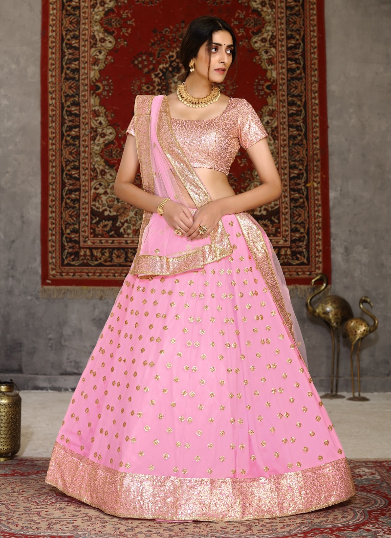 Pink Net Sequins Wedding Lehenga Choli