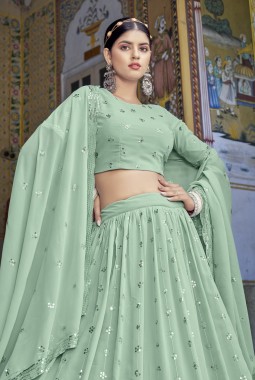 Pista Green Georgette Sequins Embroidered Wedding Lehenga Choli