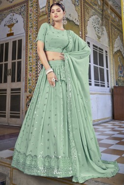 Pista Green Georgette Sequins Embroidered Wedding Lehenga Choli