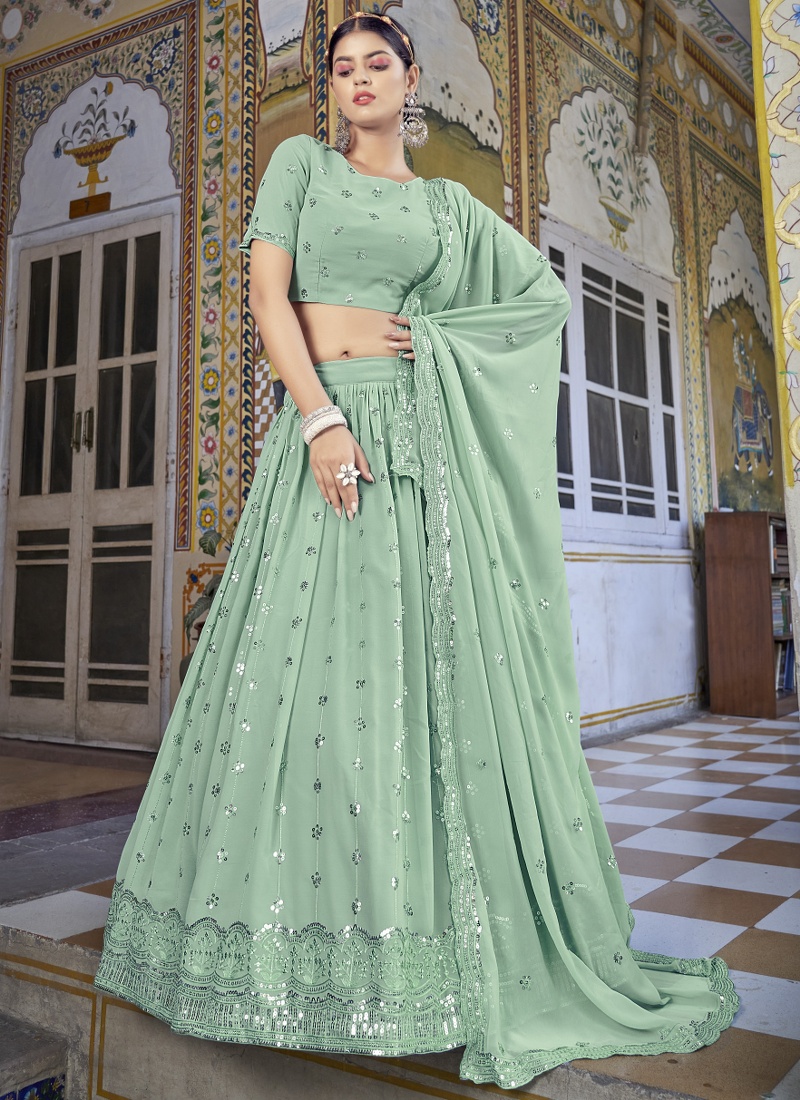 Pista Green Georgette Sequins Embroidered Wedding Lehenga Choli