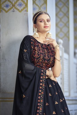 Navy Blue Georgette Embroidered Wedding Lehenga Choli