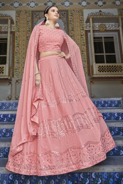Pink Georgette Sequins Wedding Lehenga Choli