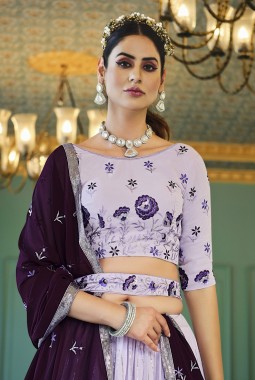 Lavender Georgette Thread Embroidered Wedding Lehenga Choli