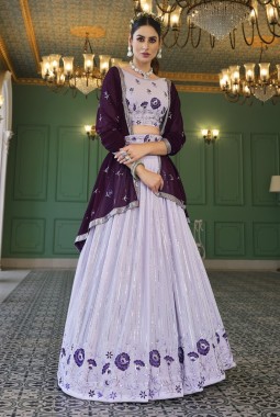 Lavender Georgette Thread Embroidered Wedding Lehenga Choli