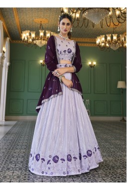 Lavender Georgette Thread Embroidered Wedding Lehenga Choli