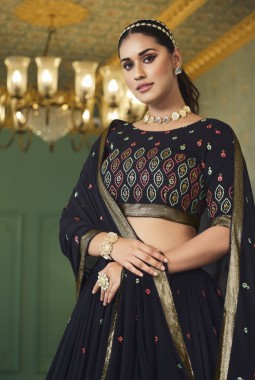 Navy Blue Georgette Embroidered Wedding Lehenga Choli