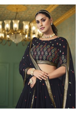 Navy Blue Georgette Embroidered Wedding Lehenga Choli