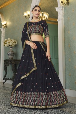 Navy Blue Georgette Embroidered Wedding Lehenga Choli