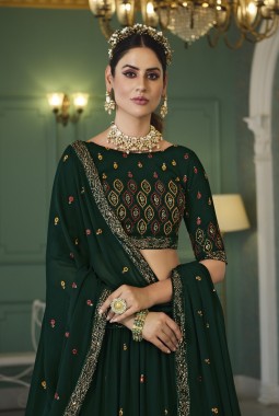 Green Georgette Thread Embroidered Wedding Lehenga Choli