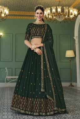 Green Georgette Thread Embroidered Wedding Lehenga Choli