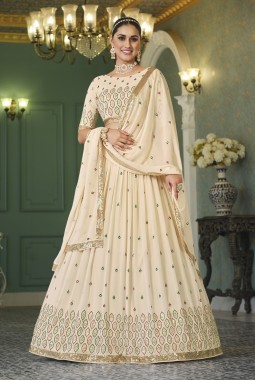 Beige Georgette Sequins Wedding Lehenga Choli