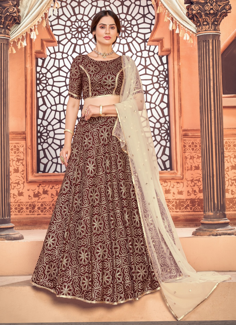 Deep Maroon Tafetta Silk Metallic Foil Wedding Lehenga Choli