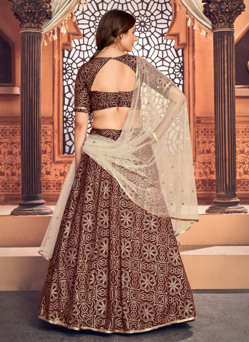 Deep Maroon Tafetta Silk Metallic Foil Wedding Lehenga Choli