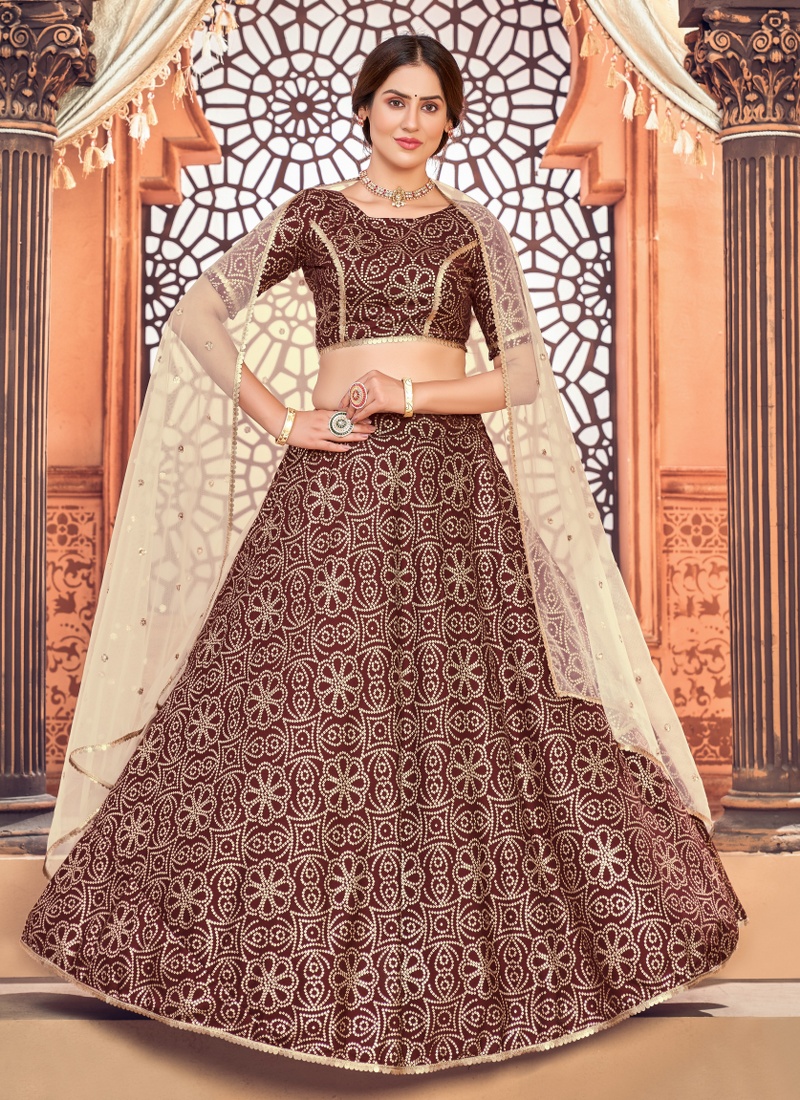 Deep Maroon Tafetta Silk Metallic Foil Wedding Lehenga Choli