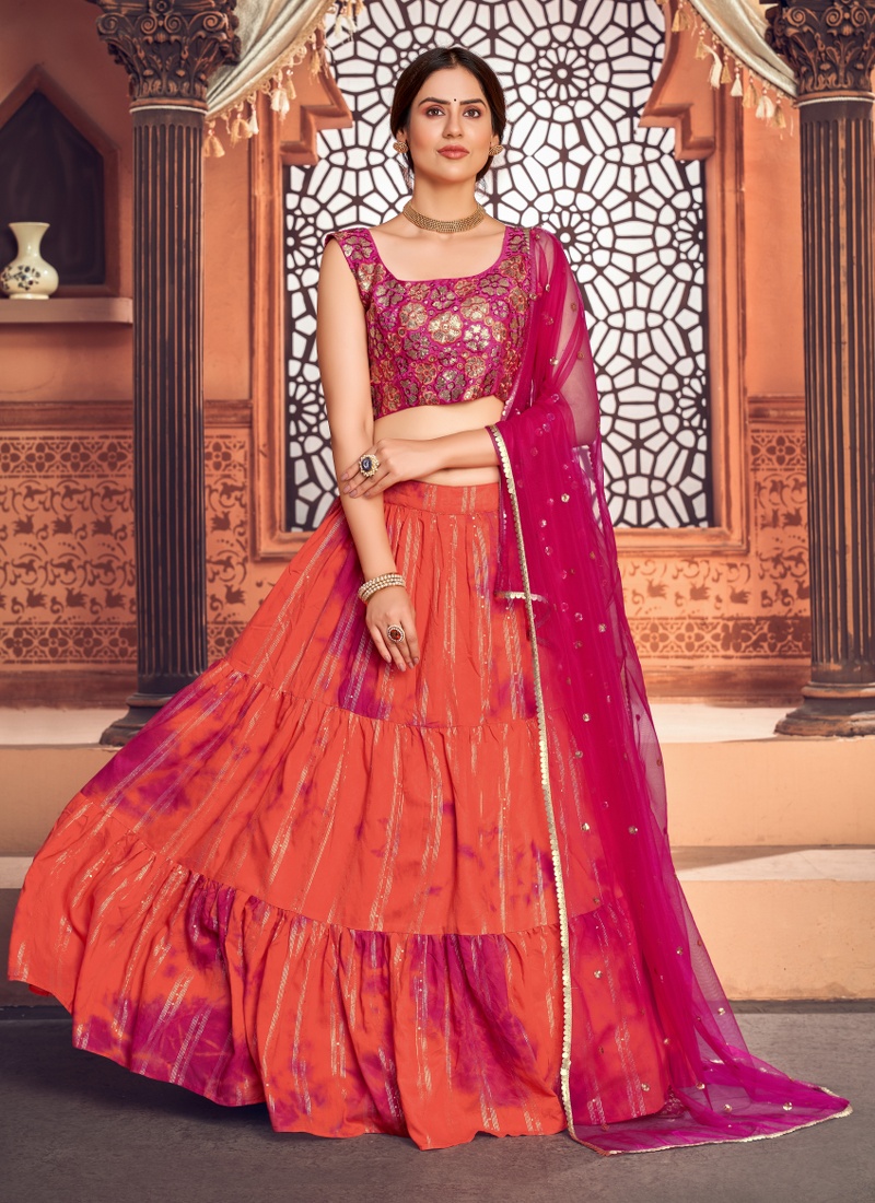 Orange Cotton Sibburi Print Wedding Lehenga Choli