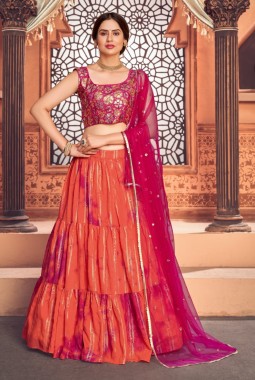 Orange Cotton Sibburi Print Wedding Lehenga Choli