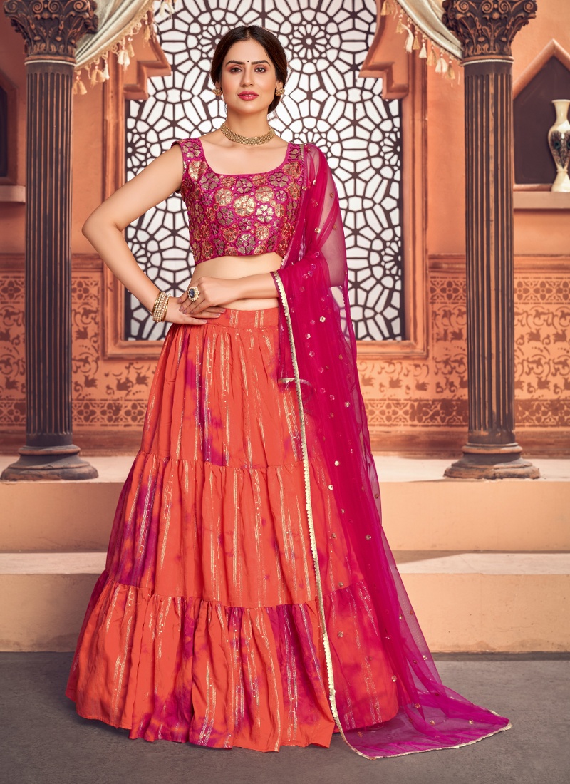 Orange Cotton Sibburi Print Wedding Lehenga Choli