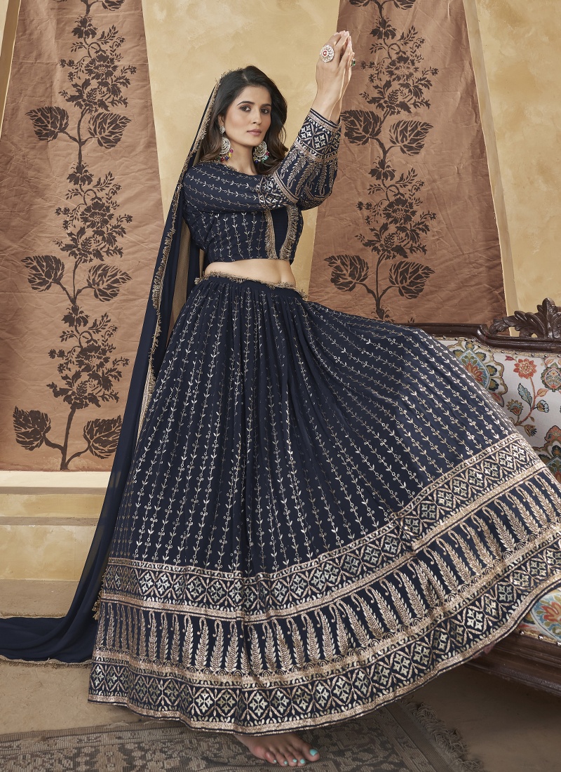 Navy Blue Georgette Foil Work Wedding Lehenga Choli