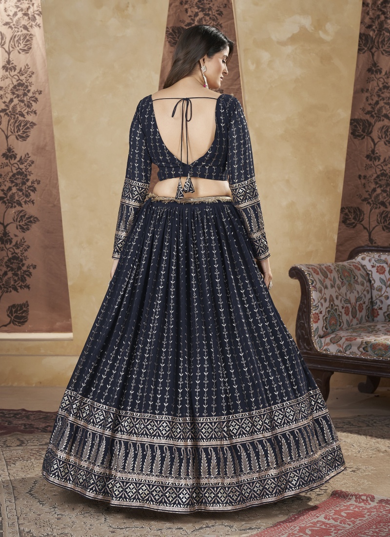 Navy Blue Georgette Foil Work Wedding Lehenga Choli