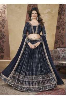 Navy Blue Georgette Foil Work Wedding Lehenga Choli