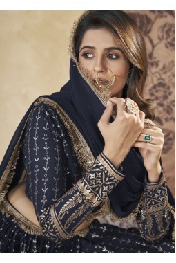 Navy Blue Georgette Foil Work Wedding Lehenga Choli