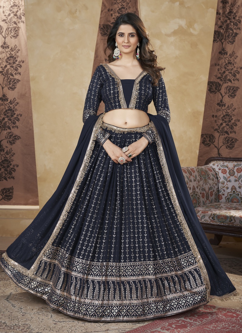 Navy Blue Georgette Foil Work Wedding Lehenga Choli