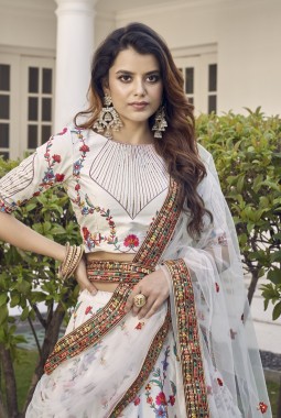 White Silk Thread Embroidered Wedding Lehenga Choli