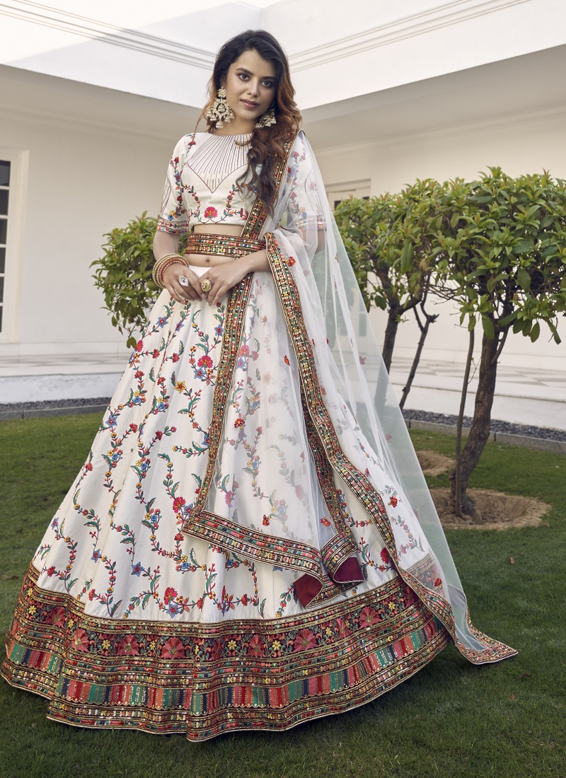 White Silk Thread Embroidered Wedding Lehenga Choli
