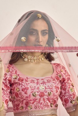 Pink Art Silk Sequins Embroidered Wedding Lehenga Choli
