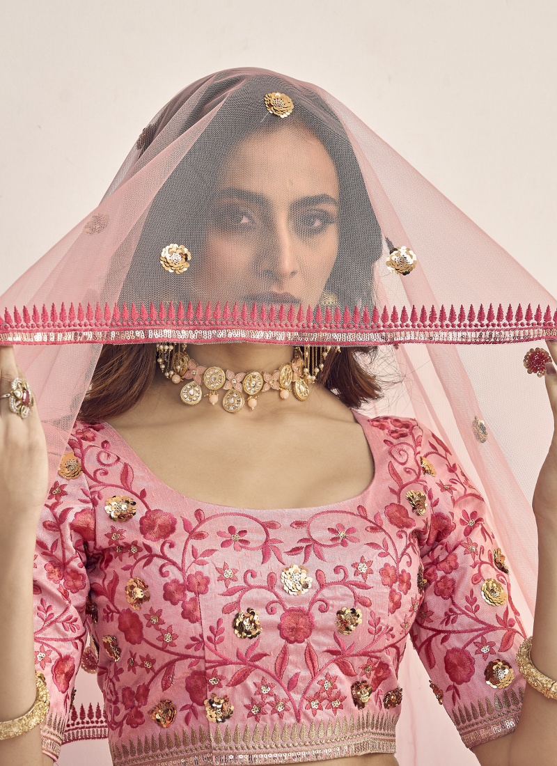 Pink Art Silk Sequins Embroidered Wedding Lehenga Choli