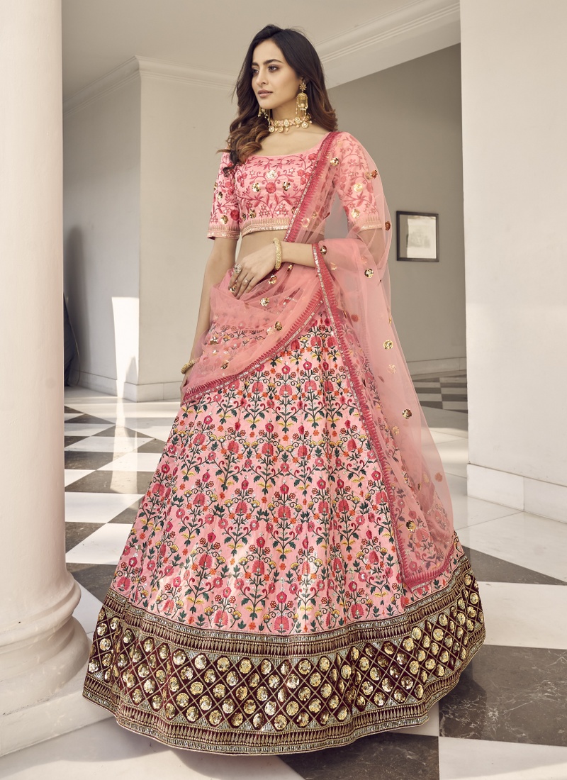 Pink Art Silk Sequins Embroidered Wedding Lehenga Choli