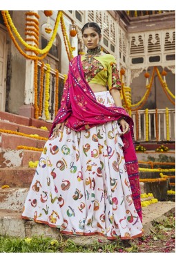 White Maslin Cotton Digital Print Navratri Lehenga Choli