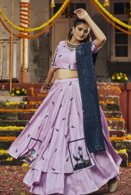 Dusty Pink Silk Digital Print Navratri Chaniya Choli