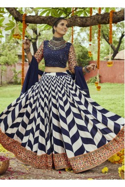 White Maslin Cotton Mirror Work Navratri Lehenga Choli