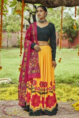 Yellow Maslin Cotton Digital Print Navratri Chaniya Choli