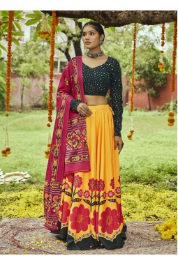 Yellow Maslin Cotton Digital Print Navratri Chaniya Choli