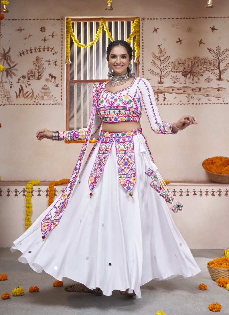 Divine Elegance White Rayon Embroidery Navratri Chaniya Choli